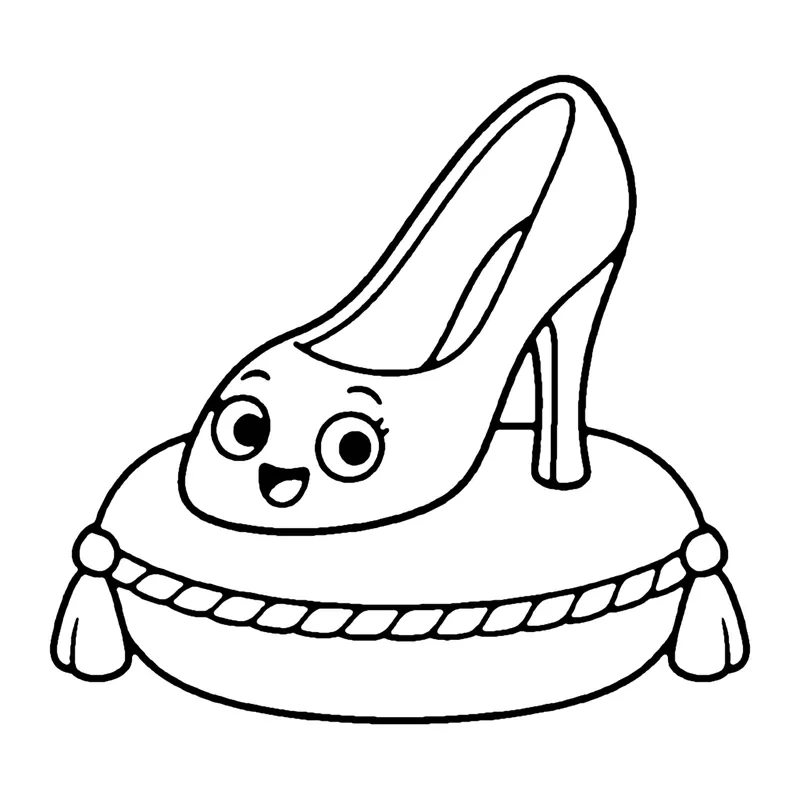 Line drawing of a smiling high-heeled glass slipper resting on a round tasseled cushion