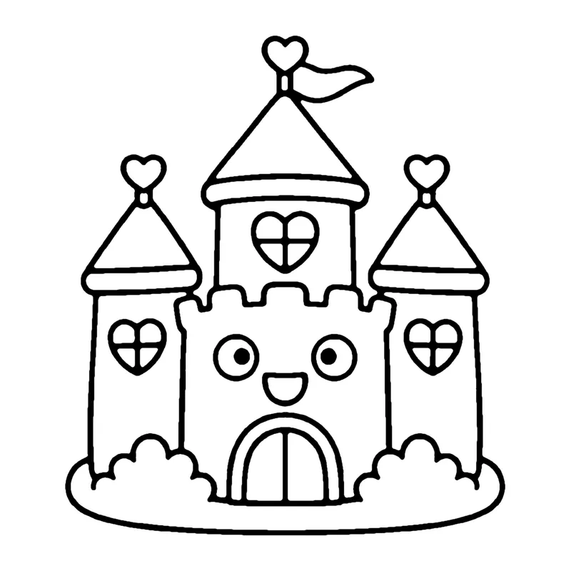 Line drawing of a smiling castle with three towers, heart-shaped windows and a flag on top