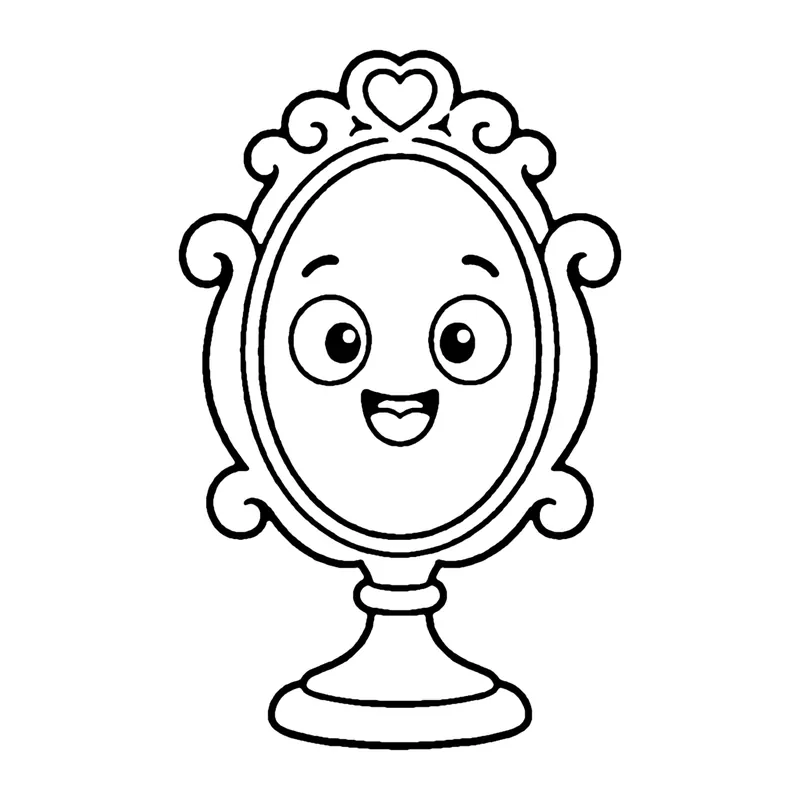 Line drawing of a smiling oval mirror with a curly frame and a heart on top, on a round stand