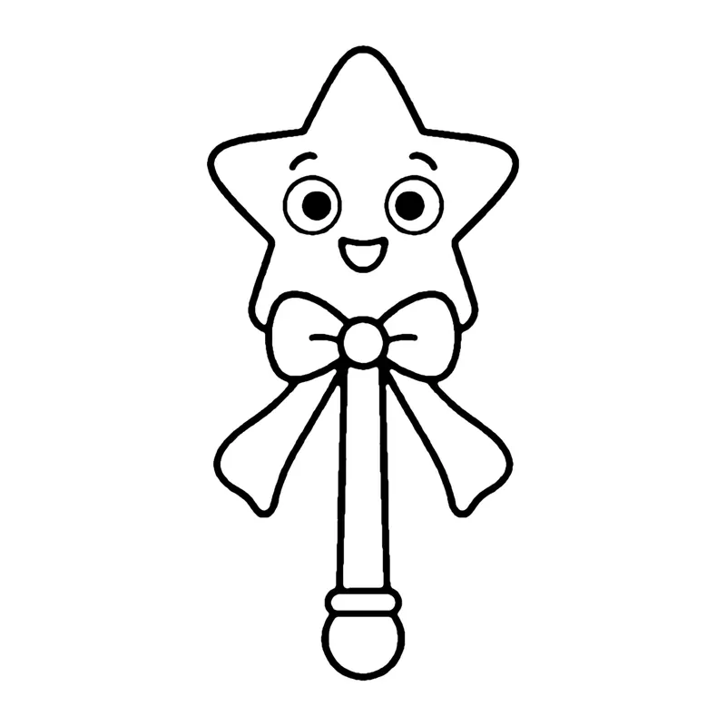 Line drawing of a smiling star-topped magic wand with a ribbon bow tied below the star