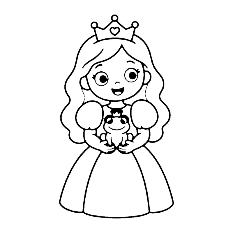 Line drawing of a princess in a puffy gown and crown gently holding a little frog