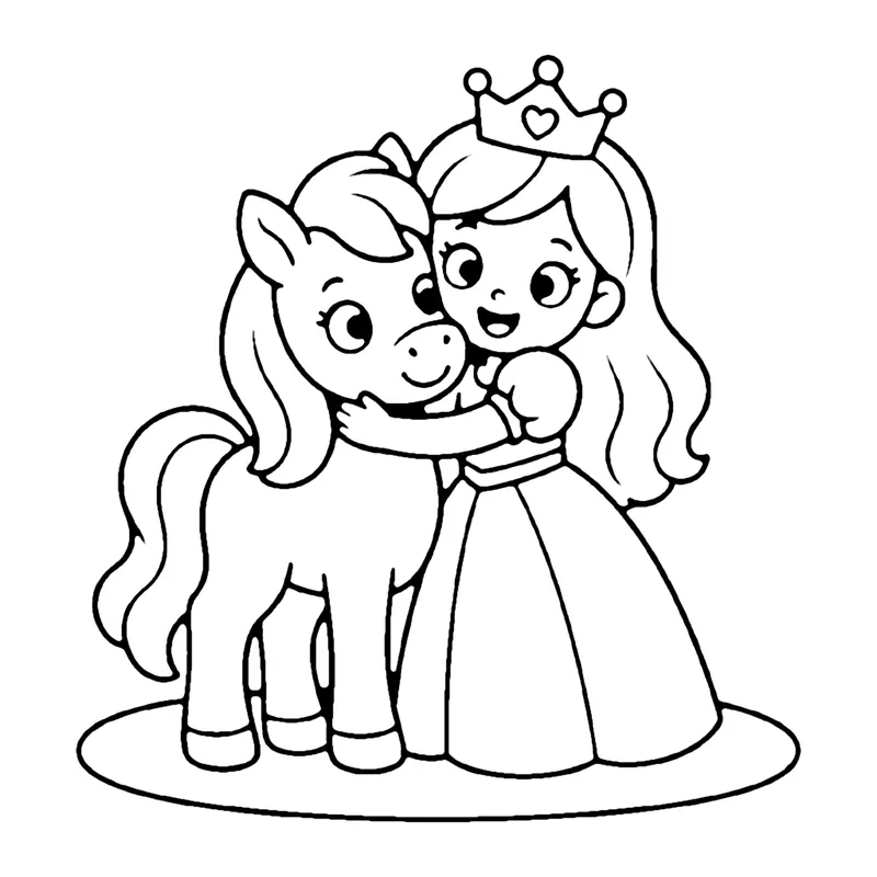 Line drawing of a princess in a crown hugging a smiling pony with a flowing mane