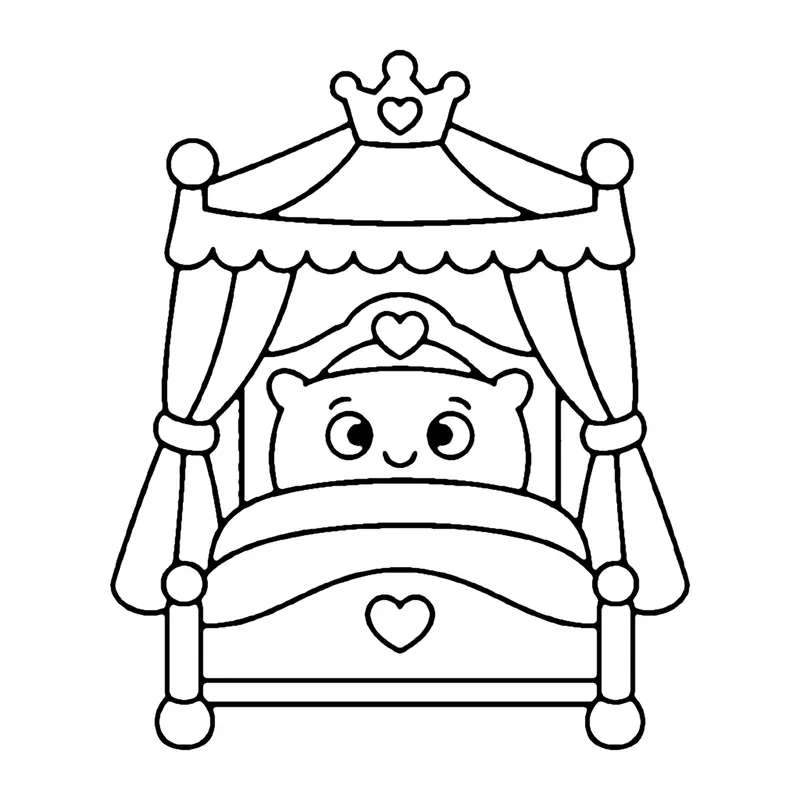 Line drawing of a little princess sleeping in a canopy bed with curtains and a heart on the quilt