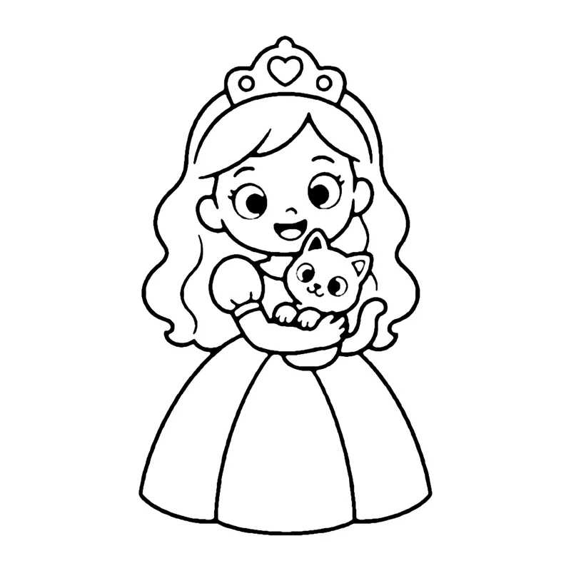 Line drawing of a princess in a crown hugging a small kitten against her chest
