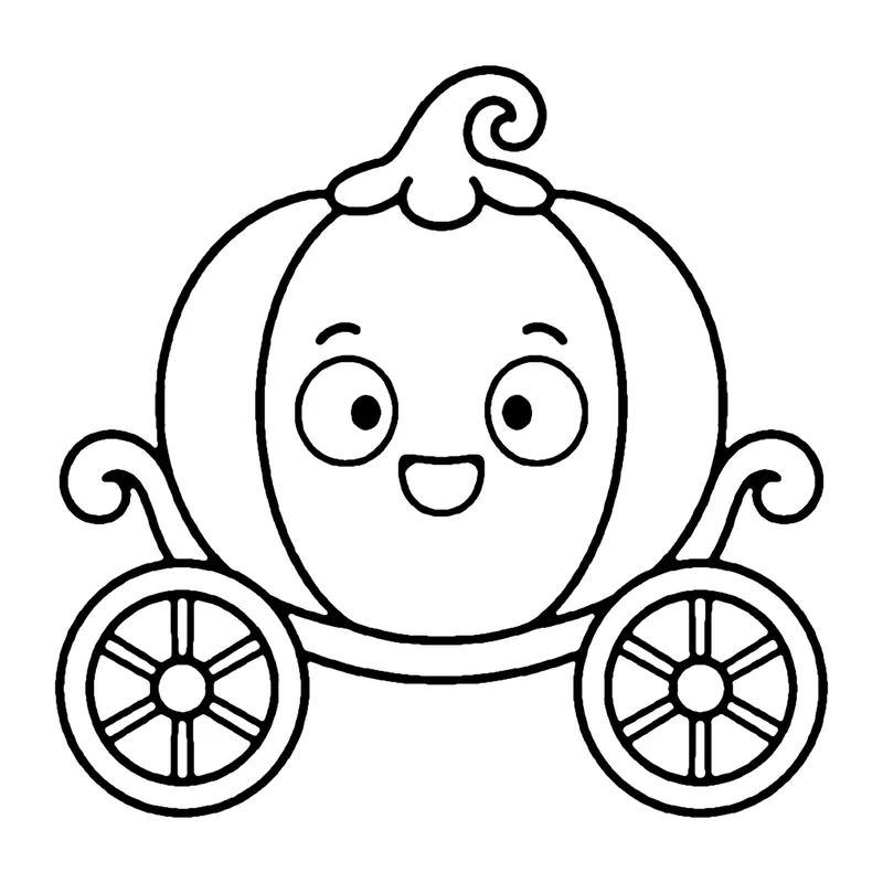 Line drawing of a round smiling pumpkin carriage with a curly stem on top and two spoked wheels