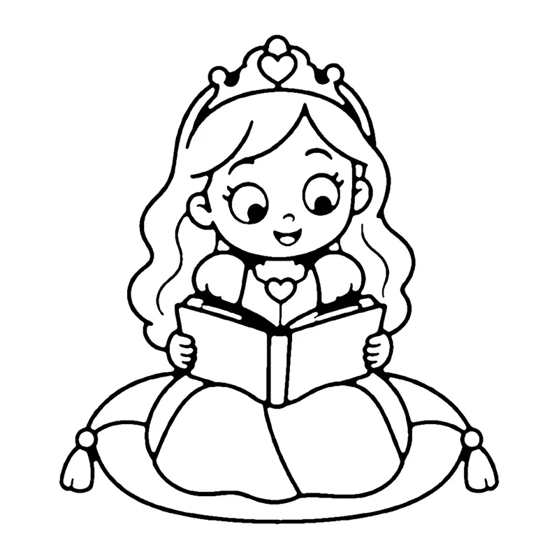 Line drawing of a princess with a heart tiara sitting on a tasseled cushion reading an open book