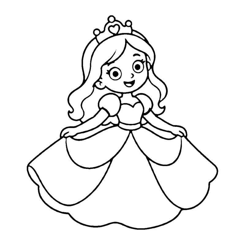 Line drawing of a princess holding out the sides of a wide layered ball gown as she twirls