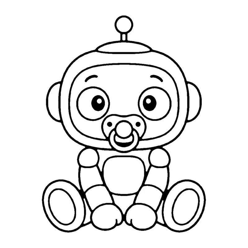 Line drawing of a baby robot with a pacifier sitting with its legs out