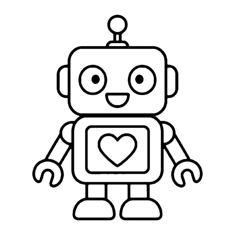 Line drawing of a classic boxy robot with a square head, antenna and a heart on its chest