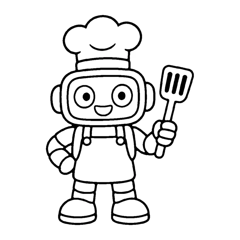Line drawing of a robot wearing a chef hat and apron holding a spatula