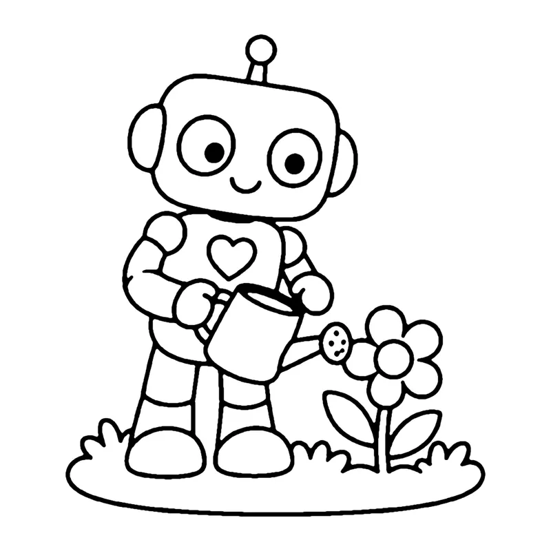 Line drawing of a robot with a heart on its chest watering a flower with a watering can
