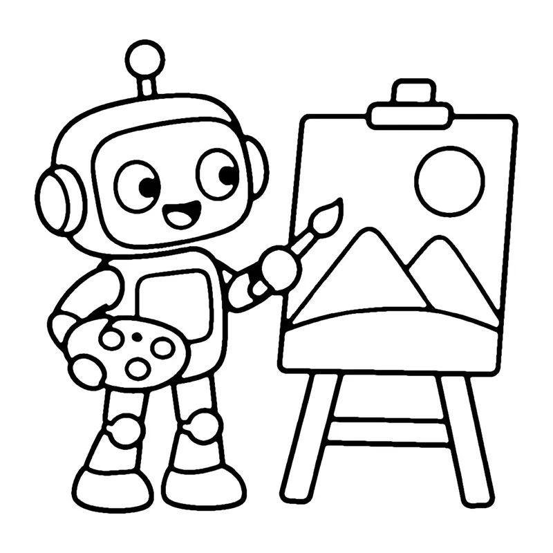 Line drawing of a robot holding a paint palette and brush, painting mountains on an easel