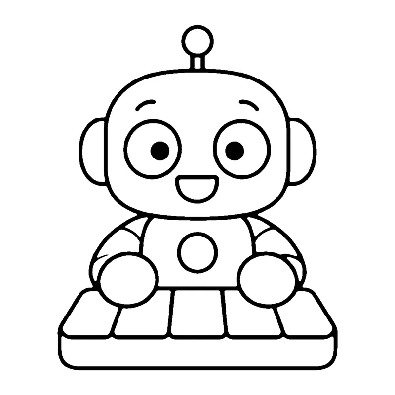 Line drawing of a smiling robot sitting behind a keyboard, playing piano