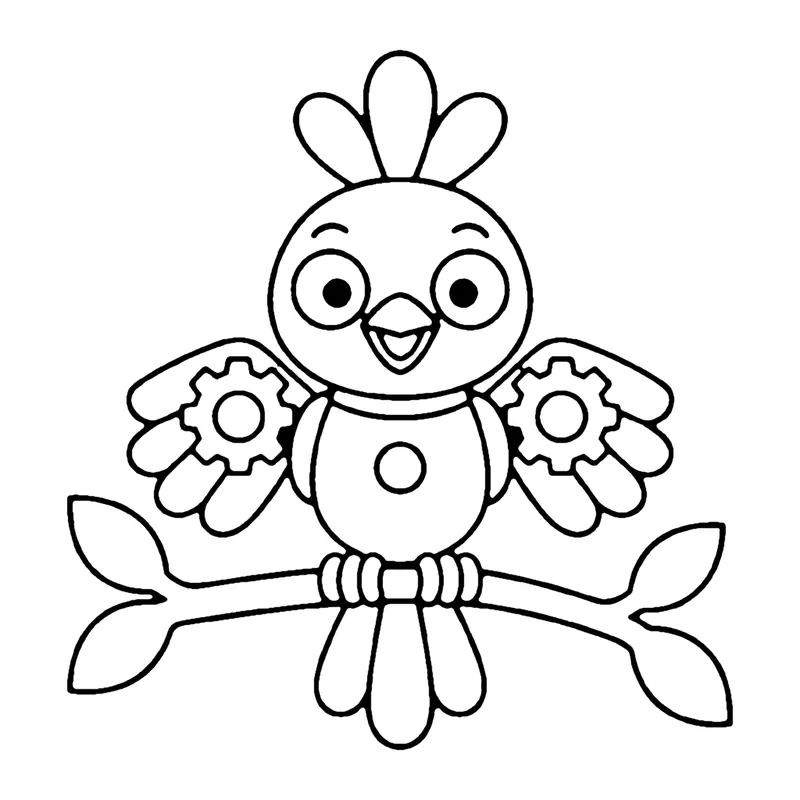 Line drawing of a robot bird with a feathered crest and gear-shaped wings perched on a branch