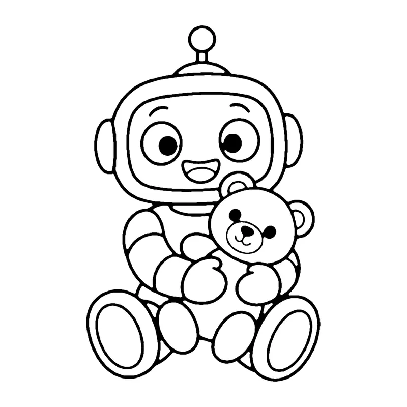 Line drawing of a smiling robot sitting and hugging a teddy bear