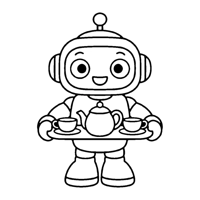 Line drawing of a robot carrying a tray with a teapot and two teacups