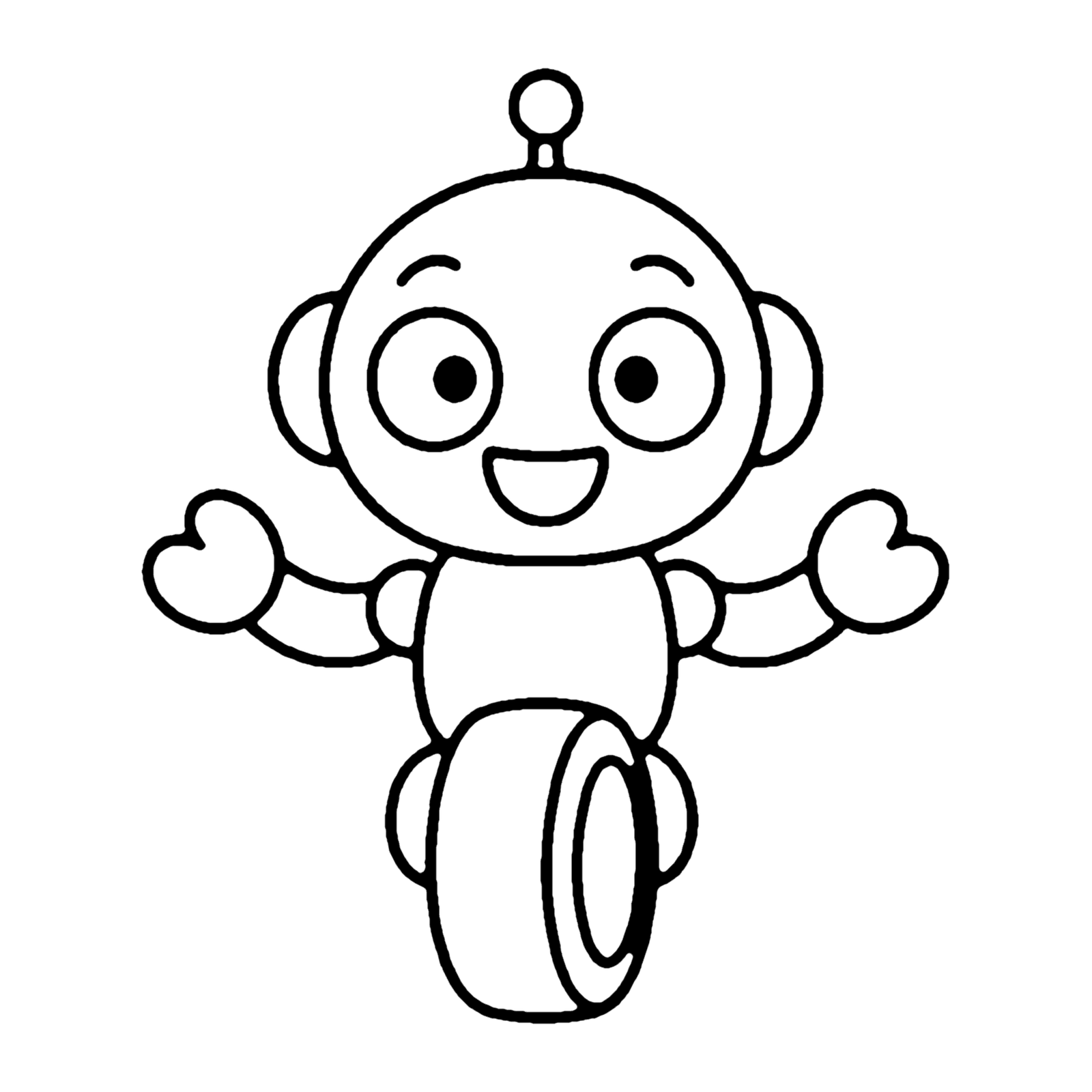 Line drawing of a round-headed robot with an antenna and claw hands balancing on one wheel
