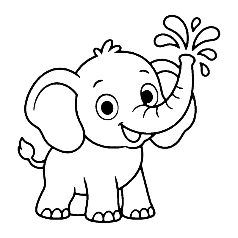 Line drawing of a baby elephant with big ears spraying water from its raised trunk