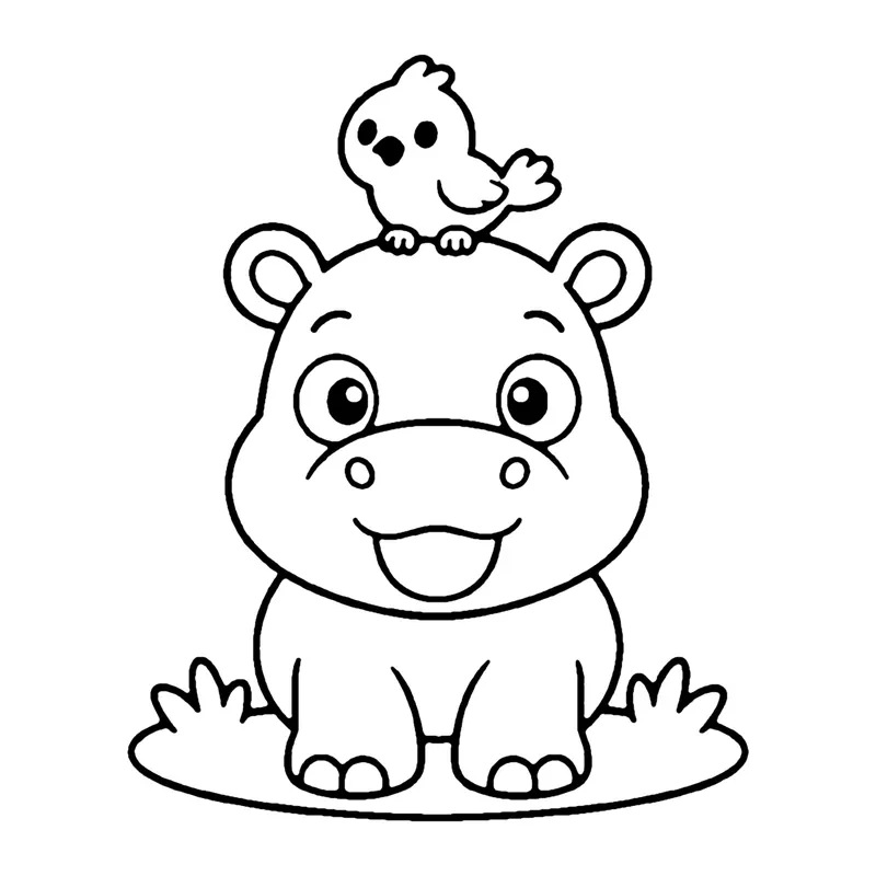 Line drawing of a chubby baby hippo sitting in the grass with a small bird on its head