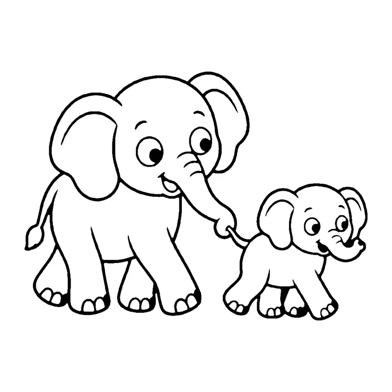 Line drawing of a mother elephant walking with a baby elephant holding her tail with its trunk