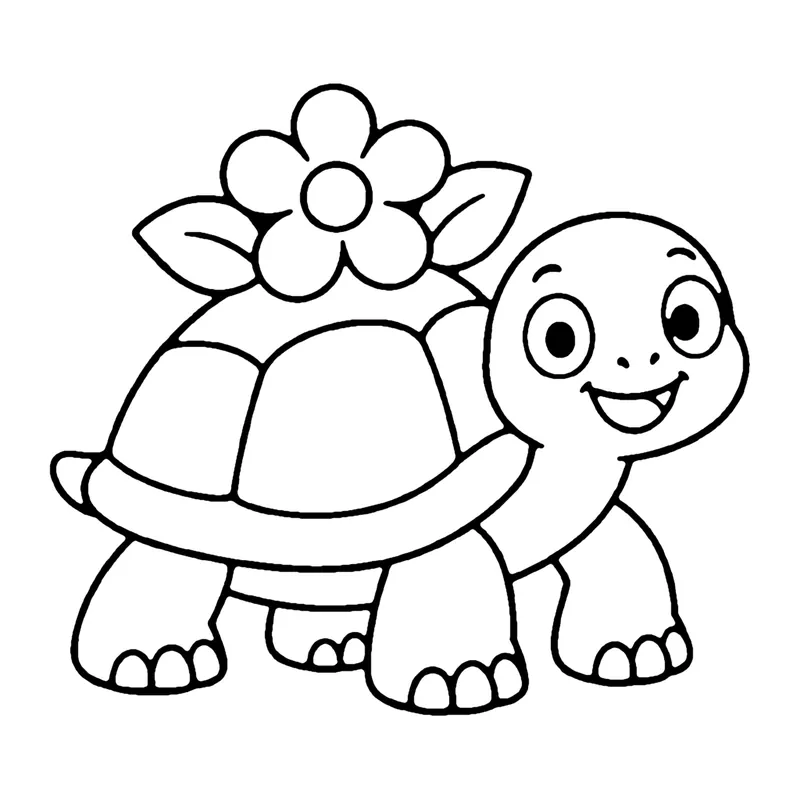Line drawing of a smiling giant tortoise with a patterned dome shell and a flower on top