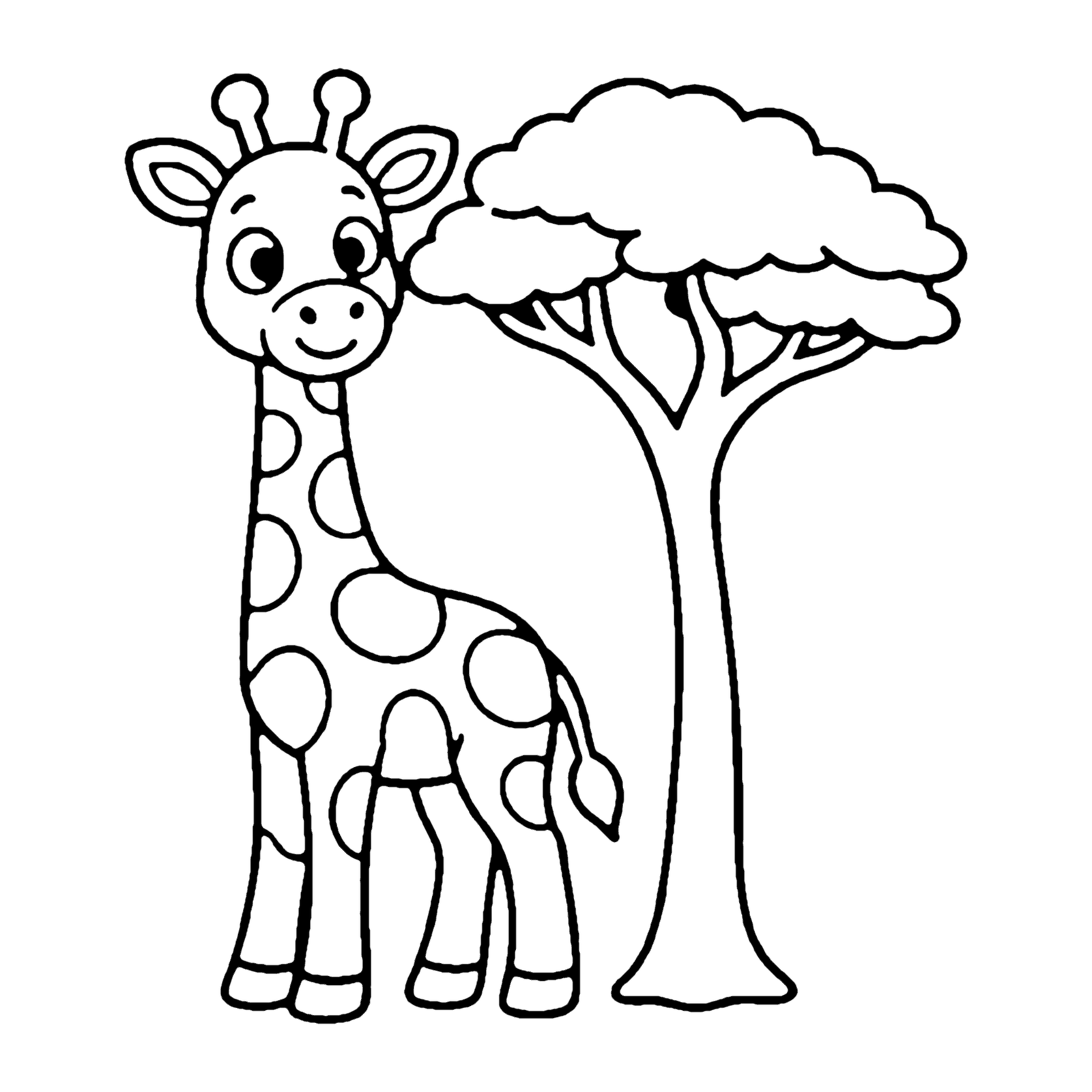 Line drawing of a spotted giraffe standing beside a tall flat-topped acacia tree
