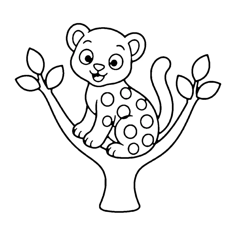 Line drawing of a spotted leopard cub resting in the fork of a leafy tree