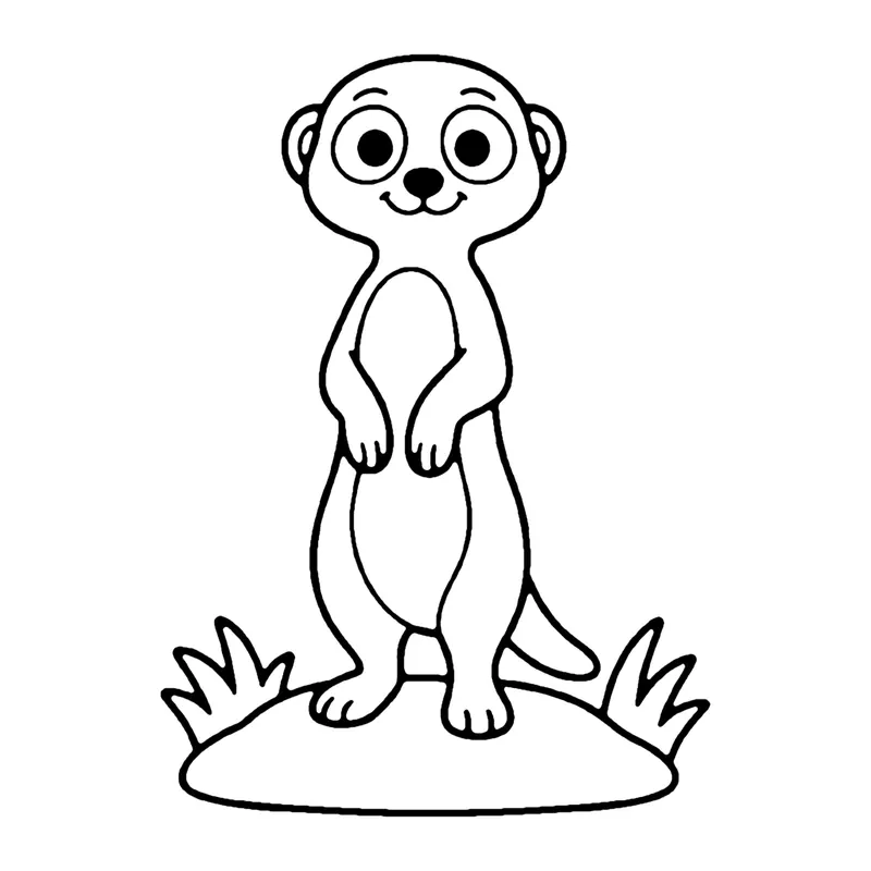 Line drawing of a meerkat standing up tall on its back legs on a grassy mound