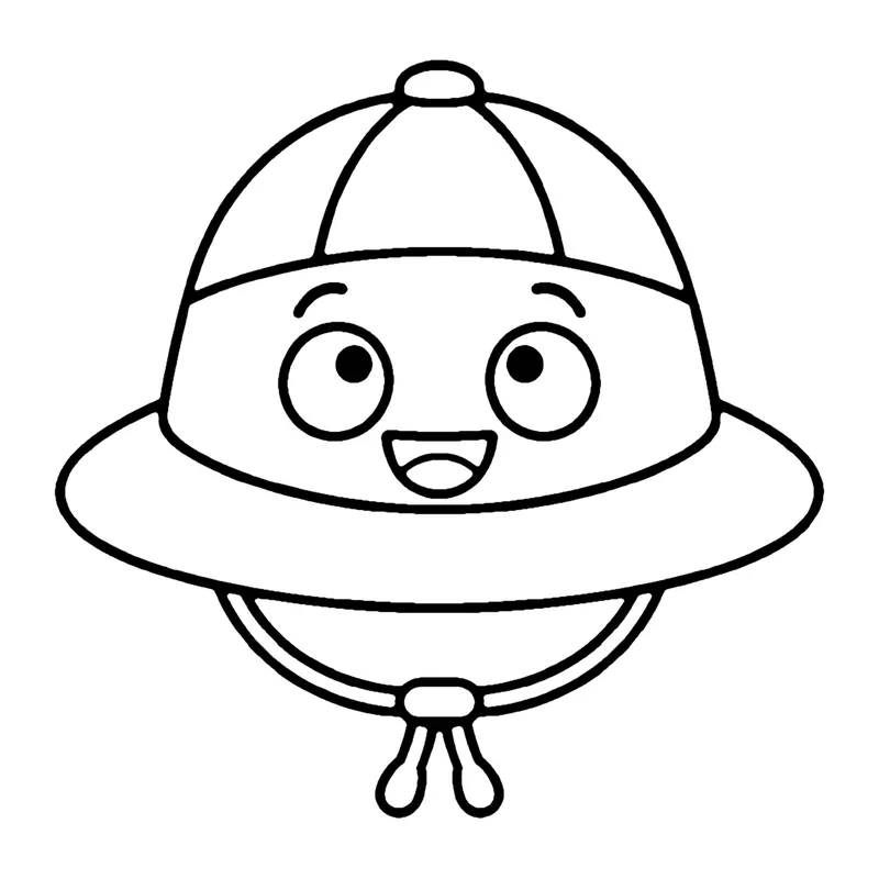 Line drawing of a smiling wide-brimmed safari hat with a chin strap