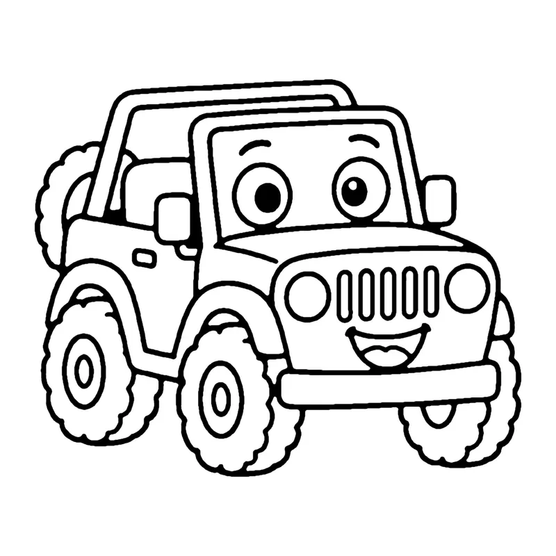 Line drawing of a smiling open-top safari truck with a roll bar, big tires and a spare wheel