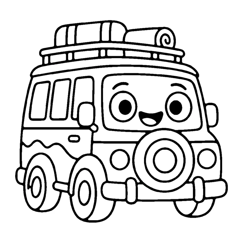 Line drawing of a smiling safari van with luggage strapped to the roof rack and a spare tire