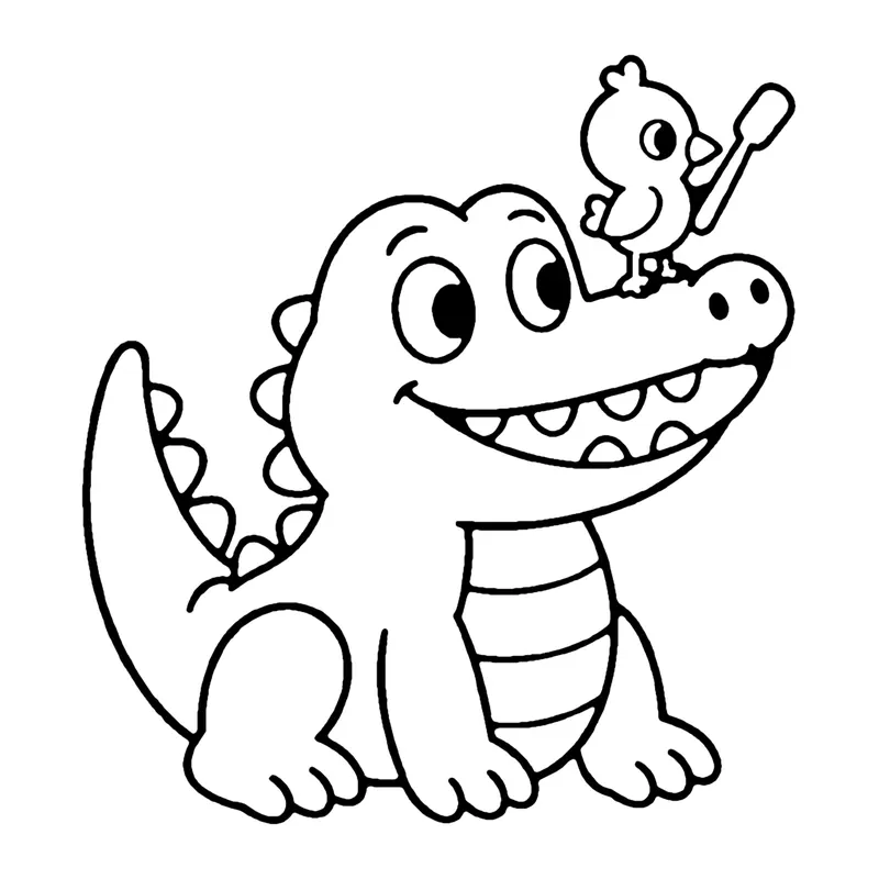 Line drawing of a grinning crocodile sitting up with a bumpy back and a small bird on its snout