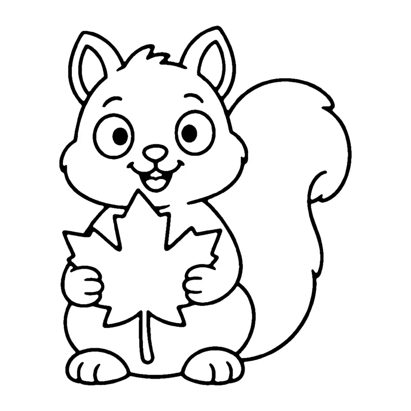 Line drawing of a squirrel with a fluffy curled tail holding a large maple leaf