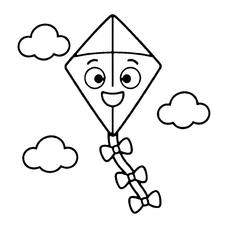 Line drawing of a smiling diamond kite with a bow-tied tail flying between three fluffy clouds