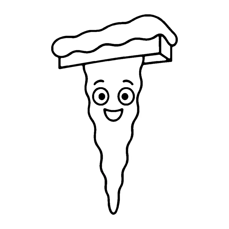 Line drawing of a long pointed icicle with a smiling face hanging under a snow-covered edge