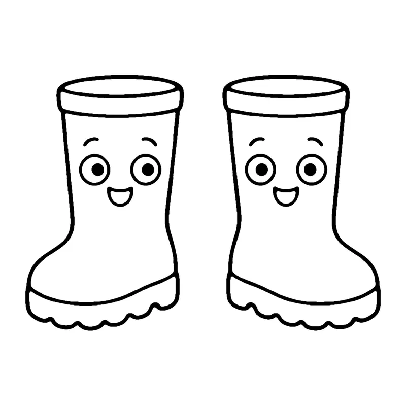 Line drawing of a pair of tall smiling rain boots standing side by side
