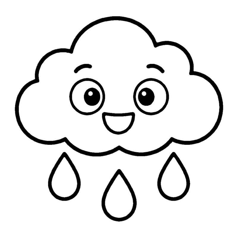 Line drawing of a puffy smiling cloud with four large raindrops falling below it