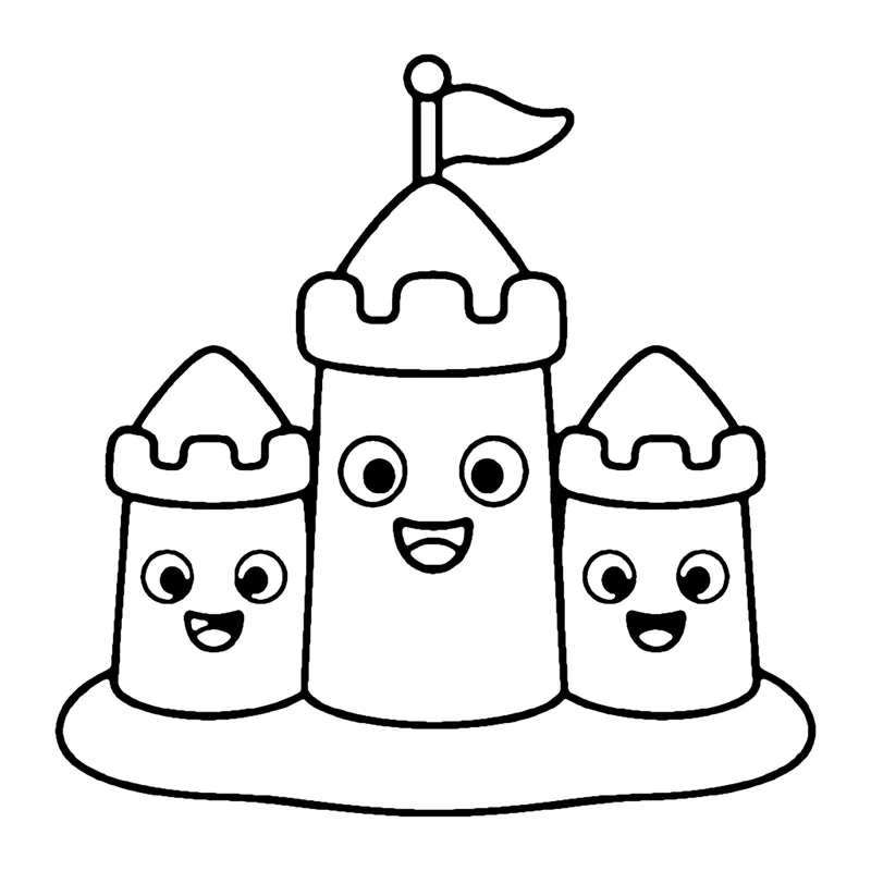 Line drawing of a smiling sandcastle with three towers, one with a flag, on a mound of sand