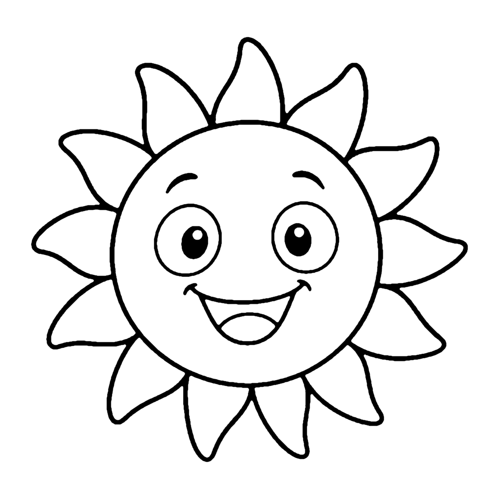 Line drawing of a smiling sun with a round face and pointed rays all around it