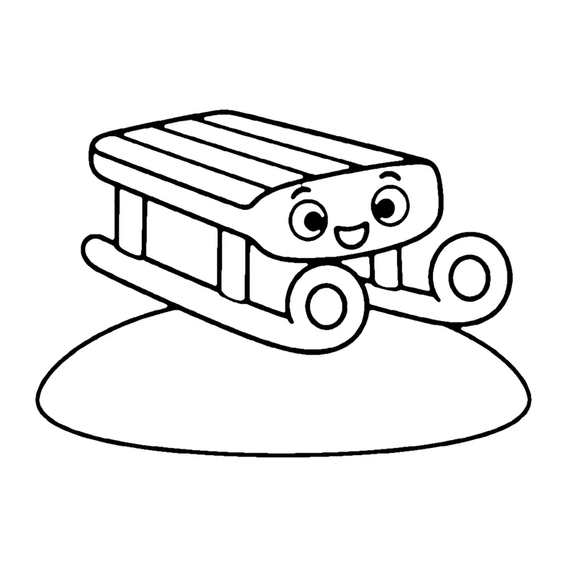 Line drawing of a smiling wooden sled with curled runners sitting on a snowy hill