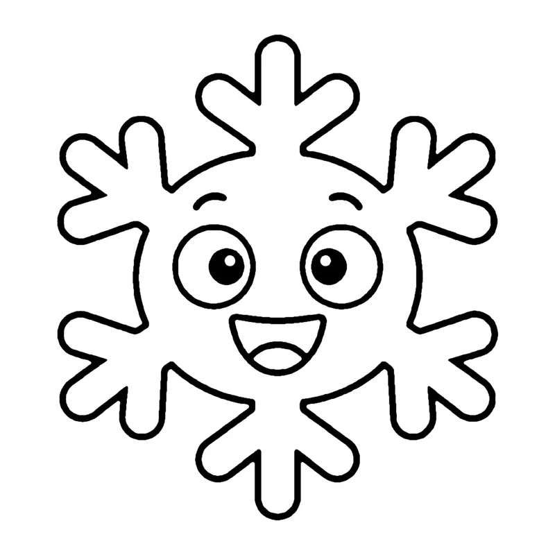 Line drawing of a smiling six-pointed snowflake with branching arms