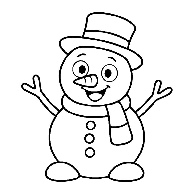 Line drawing of a snowman with a top hat, scarf, carrot nose, button coat and stick arms waving