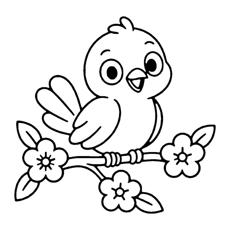 Line drawing of a small smiling bird perched on a branch with blossoms and leaves