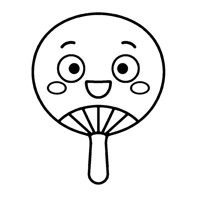 Line drawing of a round smiling hand fan with rosy cheeks, pleated folds and a handle