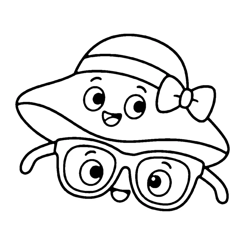 Line drawing of a smiling sun hat with a bow and a pair of smiling sunglasses in front of it