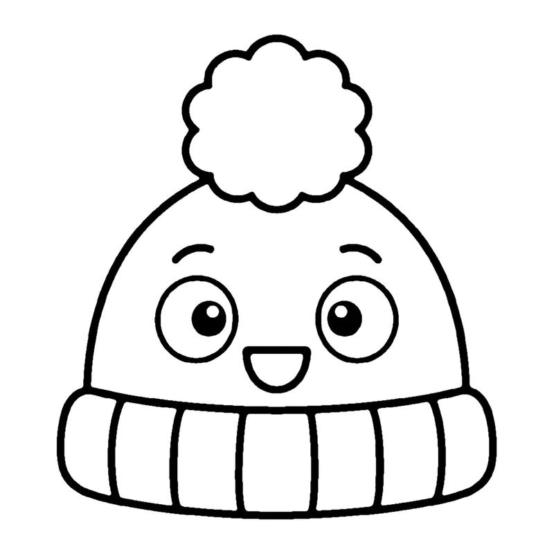 Line drawing of a smiling knitted winter hat with a fluffy pom-pom and a ribbed brim