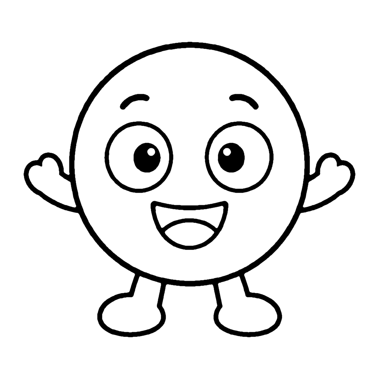 Line drawing of a smiling circle with little arms raised and two feet