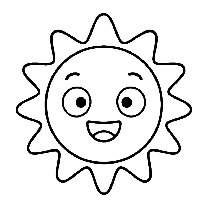 Line drawing of a smiling round sun surrounded by pointed rays