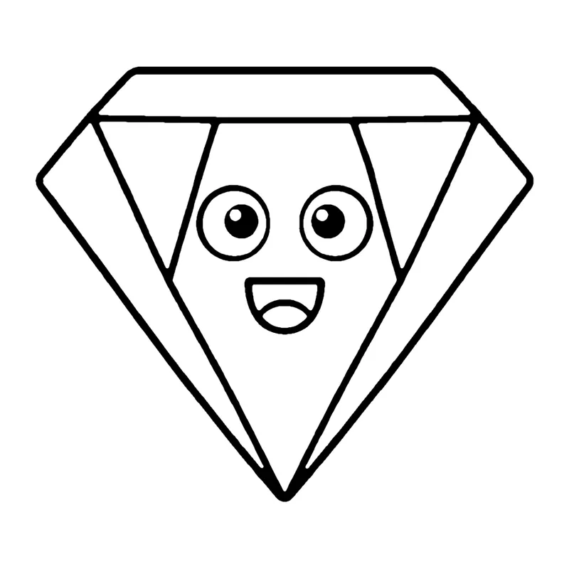 Line drawing of a smiling gem-shaped diamond with angled facets