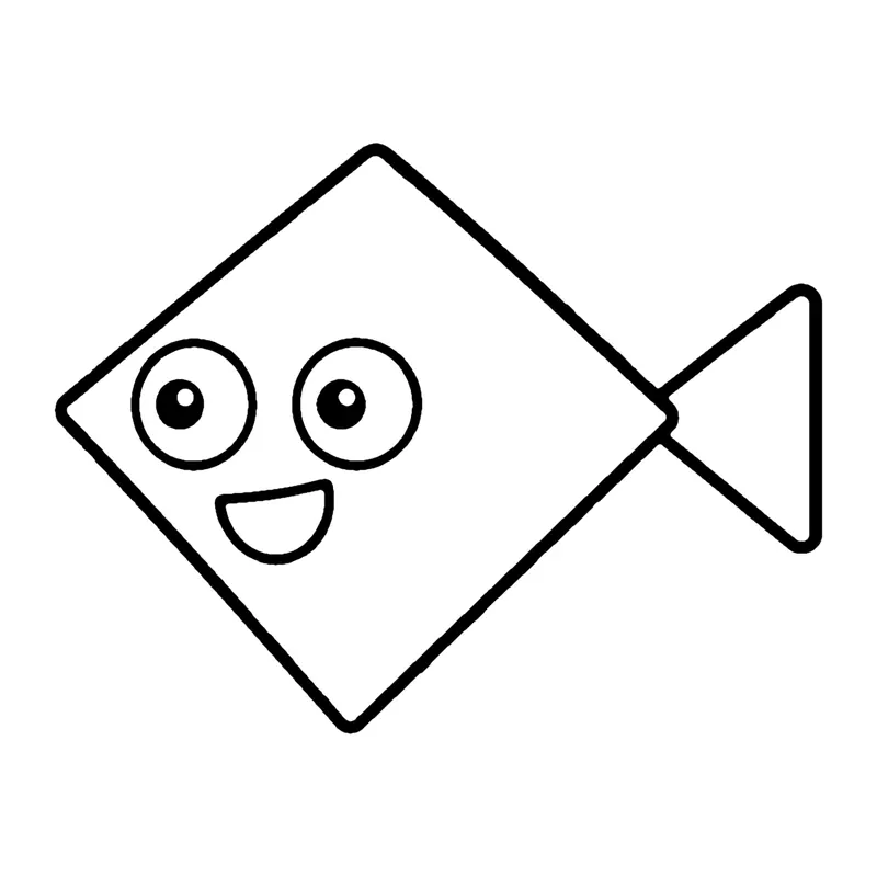 Line drawing of a smiling fish made from a diamond-shaped body and a triangle tail